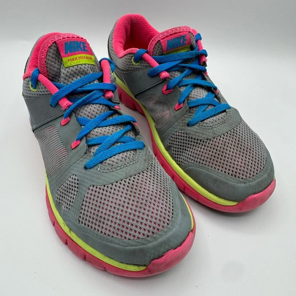 Nike Flex 2014 Run Shoes Kids Size 6Y Gray Pink Blue Running Sneakers